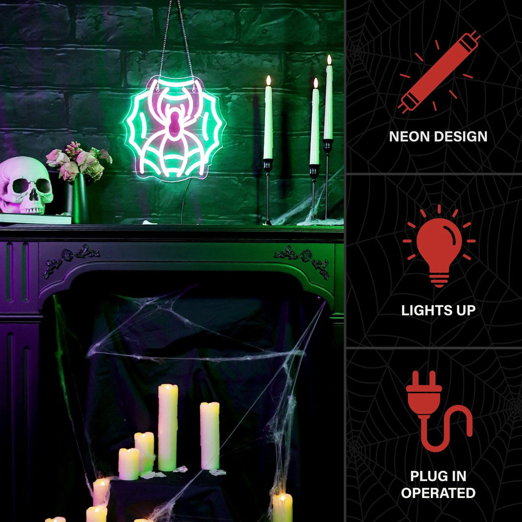 Haunt & Co Spider with Web Pink & Green Halloween Décor with Neon LED Lights, 0.9-Ft