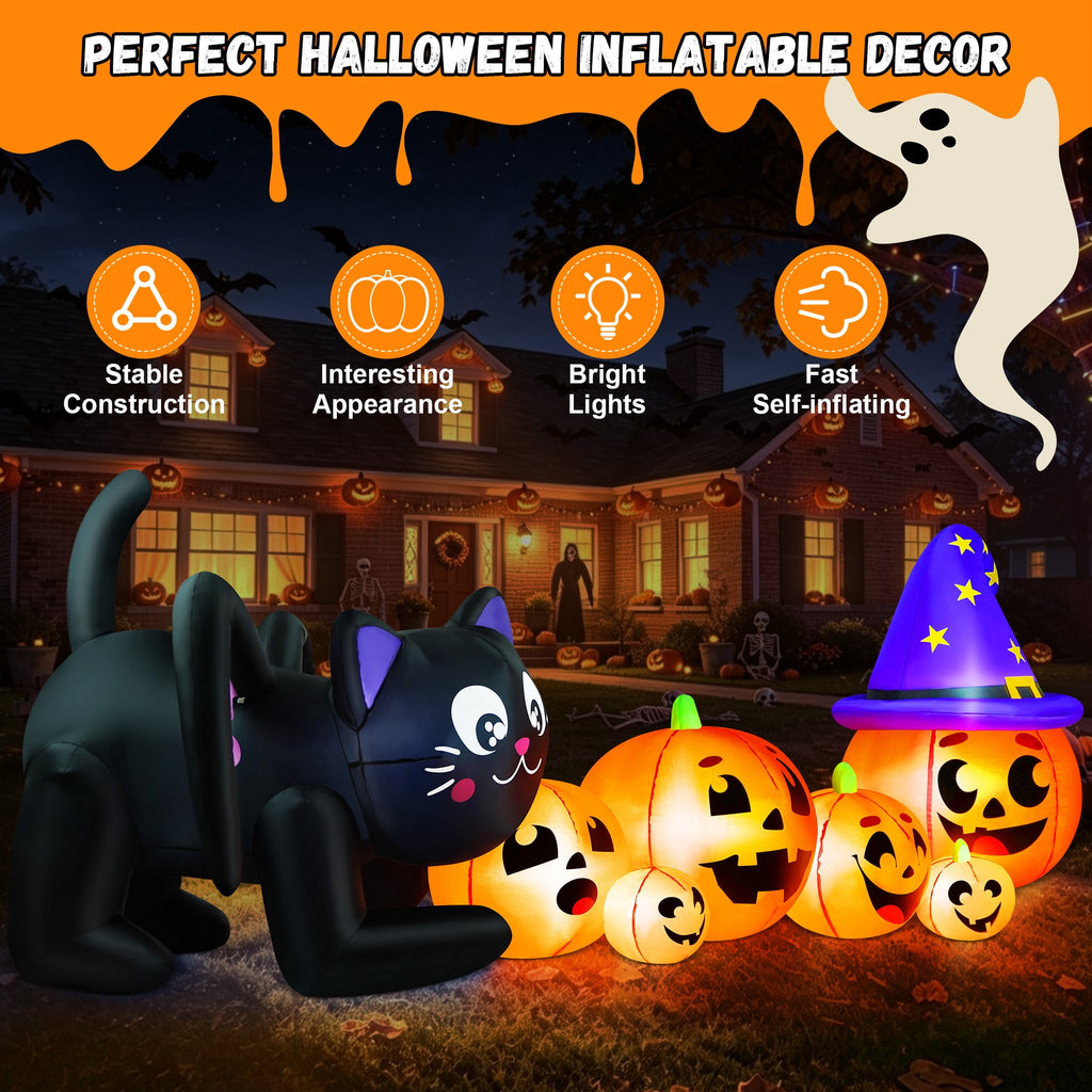Haunt & Co 9FT Halloween Inflatable Black Cat with Pumpkin, with 8 LED Lights,Blow Up Outdoor Lawn Decor
