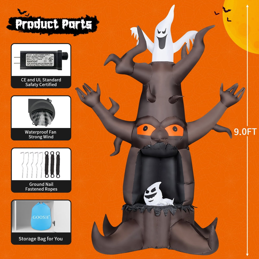 Haunt & Co Halloween Inflatables 9 FT Animated Halloween Tree Inflatables with Built-in LED lights, Scary Spooky Tree Inflatable with White Ghost, Outdoor for Halloween Holiday Party