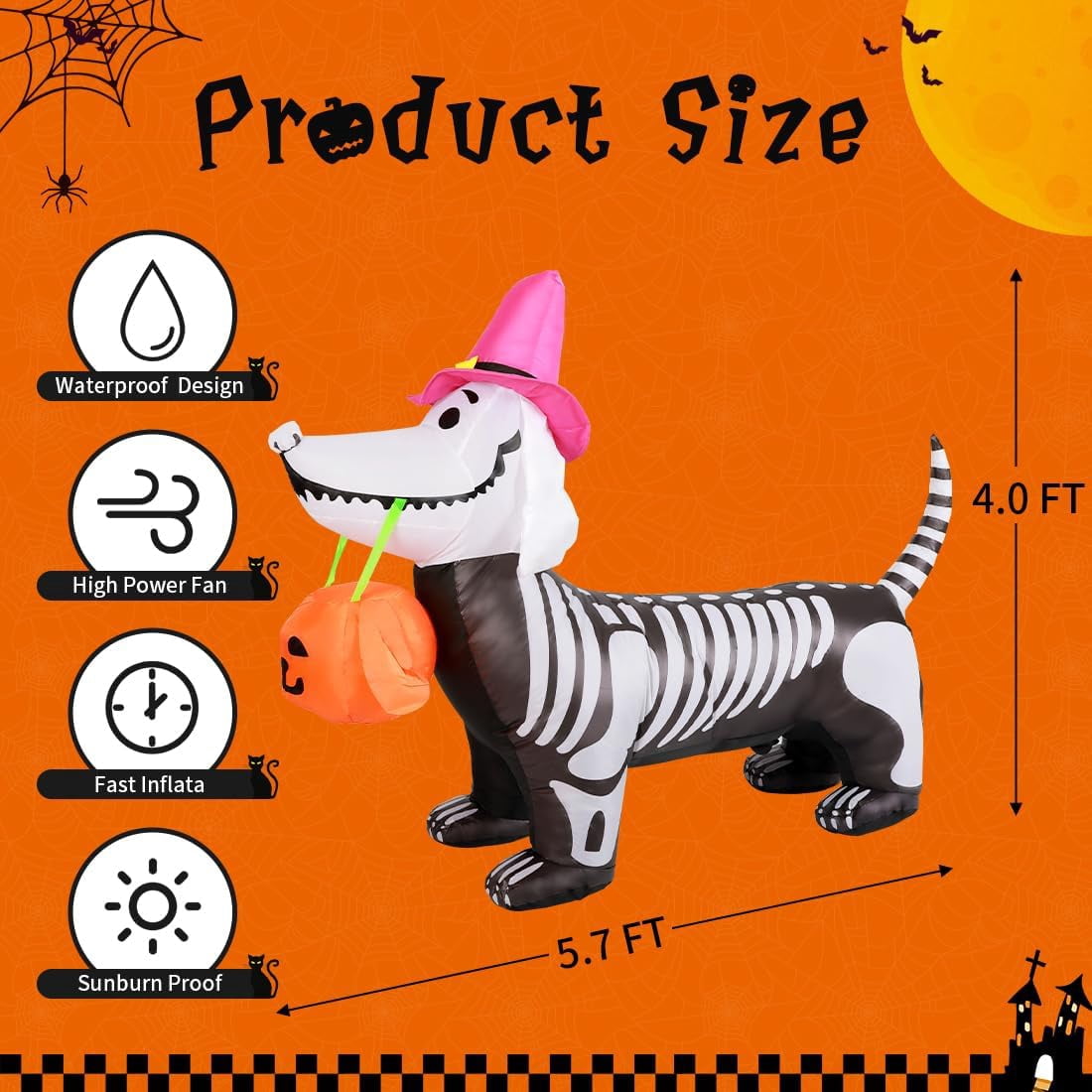 Haunt & Co Halloween Inflatables 5.7 FT Halloween Skeleton Dog Inflatable, Halloween Skeleton Puppy Inflatable with Build-in LEDs, Outdoor Clearance for Halloween Holiday Party