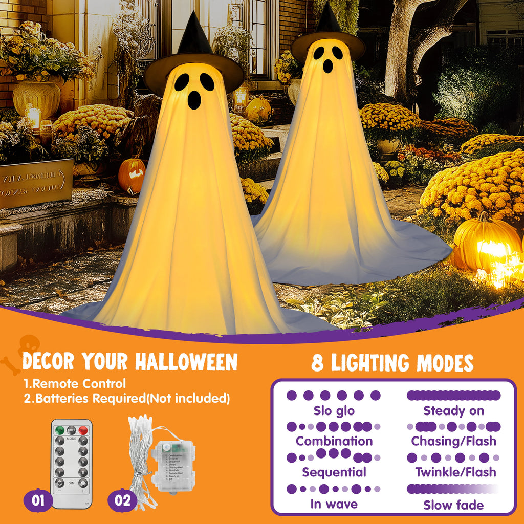 Haunt & Co 2 Packs Outdoor,Light Up Halloween Spooky Standing Ghost with Witch Hat,Scary Ghosts Decor with LED Lights