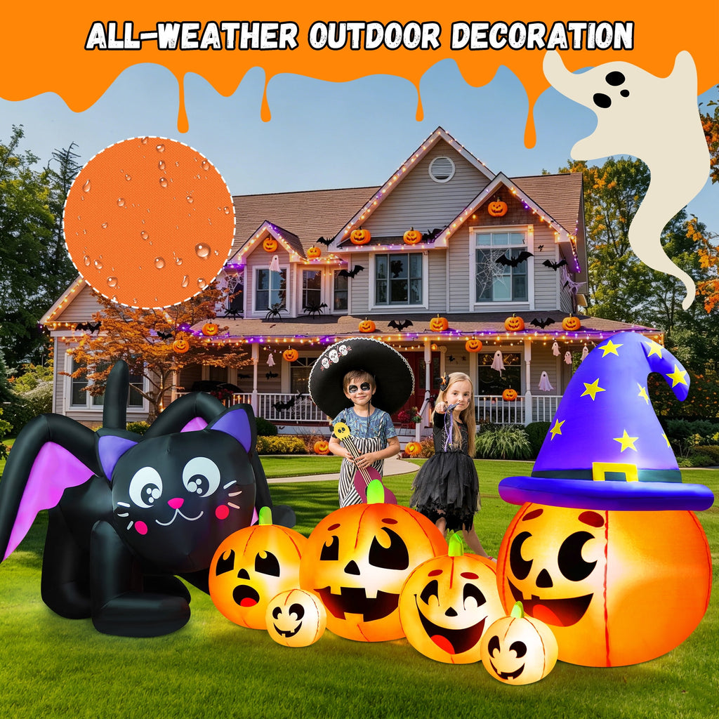 Haunt & Co 9FT Halloween Inflatable Black Cat with Pumpkin, with 8 LED Lights,Blow Up Outdoor Lawn Decor