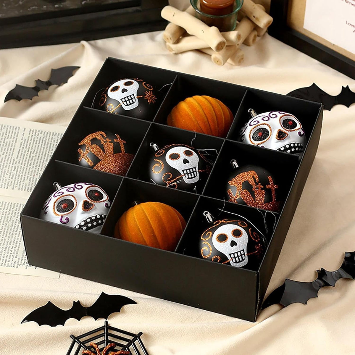 Haunt & Co Halloween Ornaments for Tree - 9 Pieces Spooky Gothic Hanging Pendant Balls, Shatterproof ABS Indoor Halloween Decorations for Hoe & Office Decorm