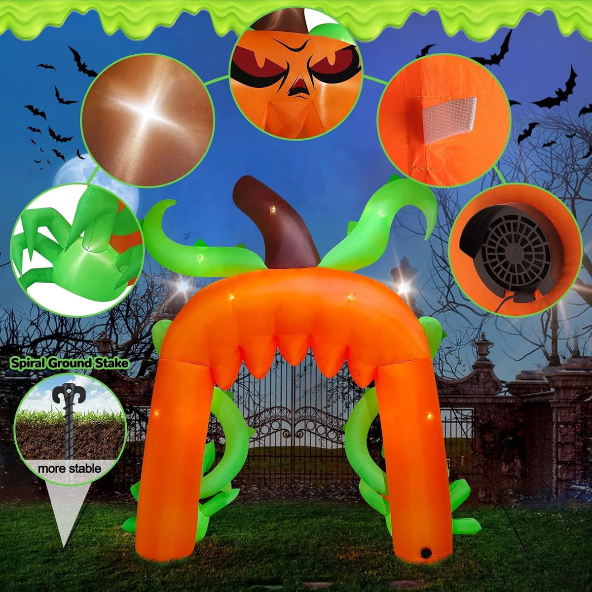 Haunt & Co 12FT Giant Halloween Pumpkin Arch Inflatable with LED Lights, Scary Blow-Up Decoration