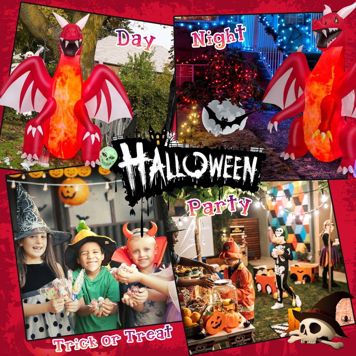 Haunt & Co Costway 8 FT Halloween Inflatable Red Dragon with Wings & Skull Holiday Decoration Light