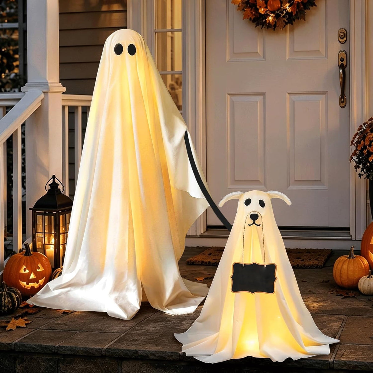 Haunt & Co Clearance Outdoor 2 Pack Spooky Ghost Dog Light-Up Freestanding Swinging Ghost for Front Door Porch Yard Lawn Home Party