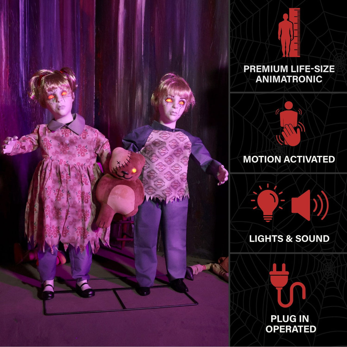 Haunt & Co Apocalypse Twins Halloween Animatronics with Red Eyes & Head Sync, 3-Ft