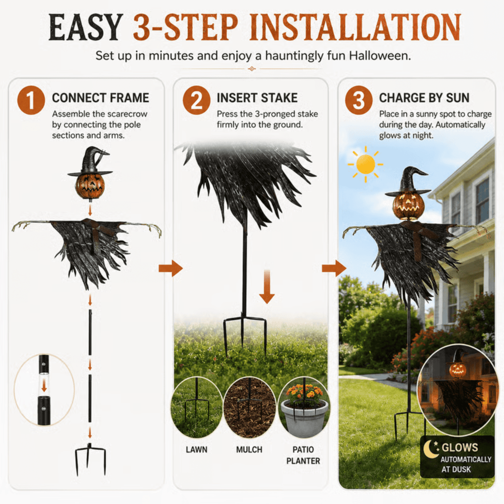 Haunt & Co Solar Lighted Pumpkin Scarecrow Sentinel, Handâ??Painted Metal Lightâ??Up Jackâ??oâ??Lantern Ornament, Solar Powered Yard Art, Spooky Decor for Halloween Party, Garden and Backyard