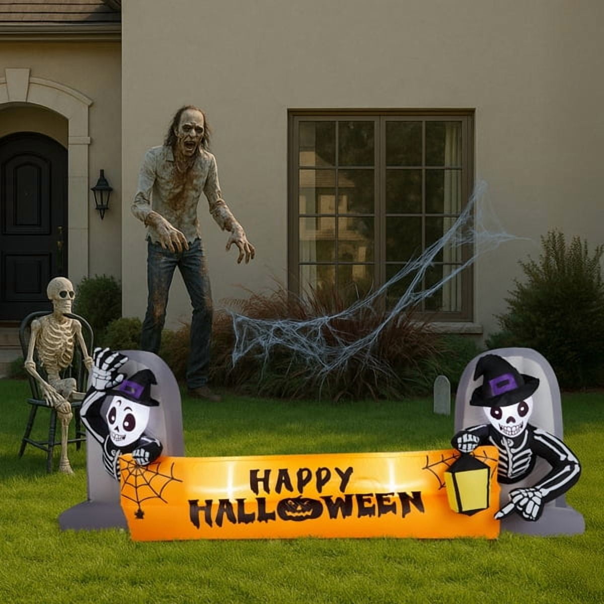 Haunt & Co 9.6FT Halloween Inflatable Skeleton Tombstone Banner, Built-in 4 White LED Lights, Quick Inflation