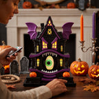 Haunt & Co Light Up Gothic Monster House Figurine, Built In Warm Internal Illumination Castle Decor, Anti Toppling Detailed Sculpted Desktop Ornament for Household Indoor Halloween Party Display