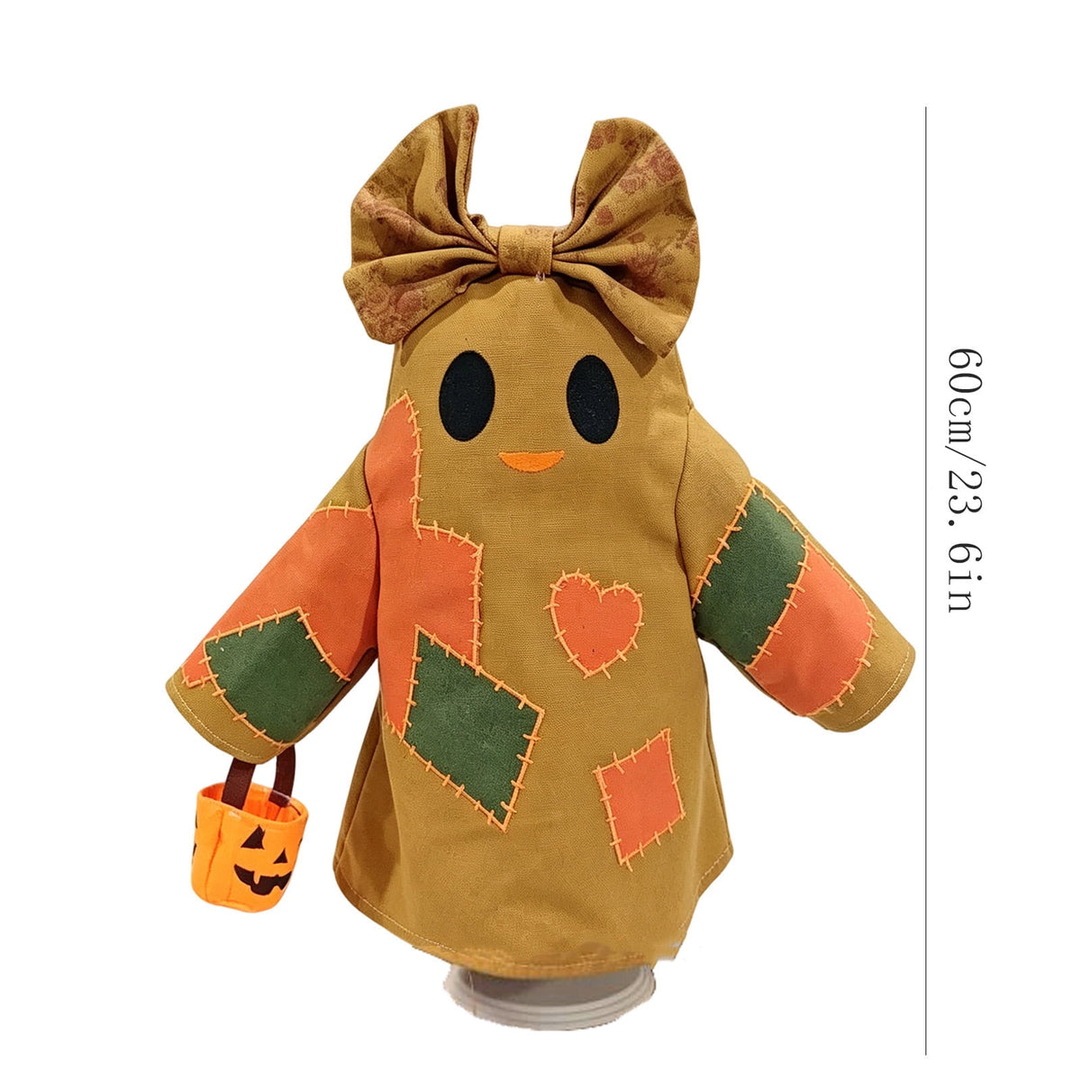 Haunt & Co Halloween Vintage Patchwork Ghost Doll, Linen Fabric Bow Ghost Ornament With Mini Pumpkin Bucket, Farmhouse Tabletop Hanging Holiday Decor