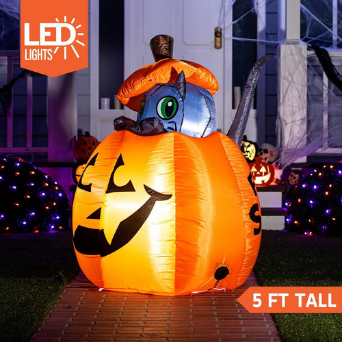 Haunt & Co 5 ft Halloween Inflatable Animated Cat on Pumpkin,Halloween Outdoor Decoration with LED Lights,Blow Up Decoration