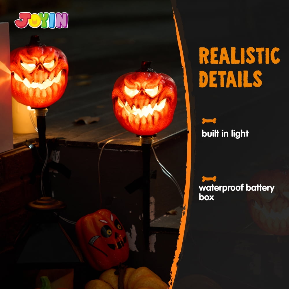 Haunt & Co 3 Pack Lighted Pumpkin Pathway Lights Stakes,Outdoor Jack-O-Lantern Waterproof Decorations,Scary Halloween Party Props Outdoor Yard Decor