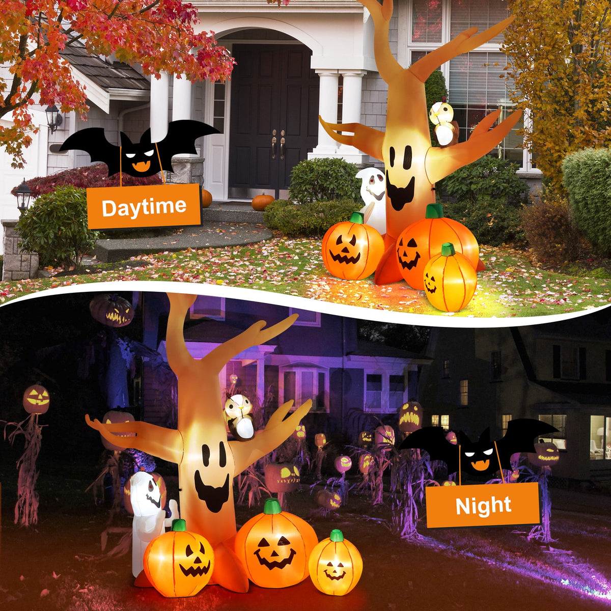 Haunt & Co 8FT Halloween Inflatables Dead Tree,Outdoor with Built-in LED Lights,Halloween Blow Up Yard Decorations with Pumpkin,Ghost,and Owl