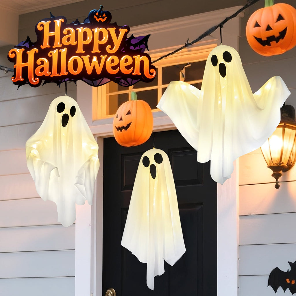 Haunt & Co 3 pack Hanging Ghosts , 20 inch LED Glowing Ghost Outdoor Lights