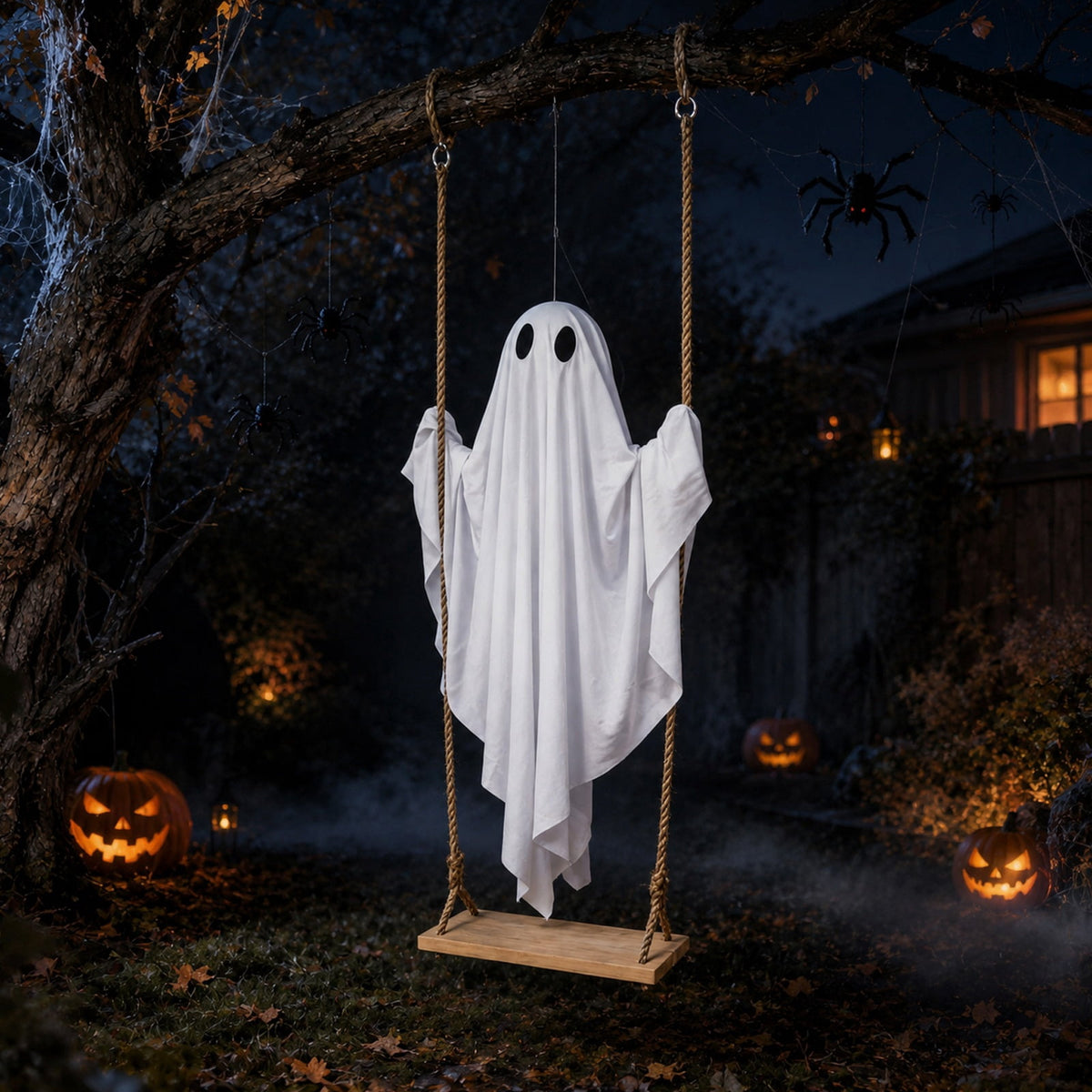 Haunt & Co Hanging Swing Ghost Halloween Ornament, 5FT Cute Spooky Ghost Decor, Outdoor Holiday Decoration for Yard Porch Tree, Ideal Halloween Gift for Family (lamp*1 remote control*1)