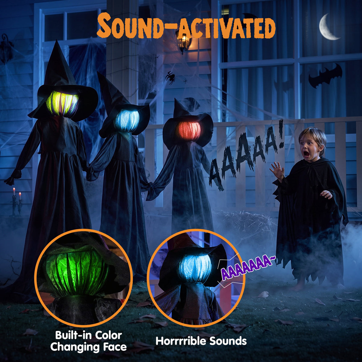 Haunt & Co 3 Pack Witches Outdoor, 51" Sound Activated Light Up Flying Witch Stakes with Color Changing Face & Creepy Sound, Life Size Halloween Props