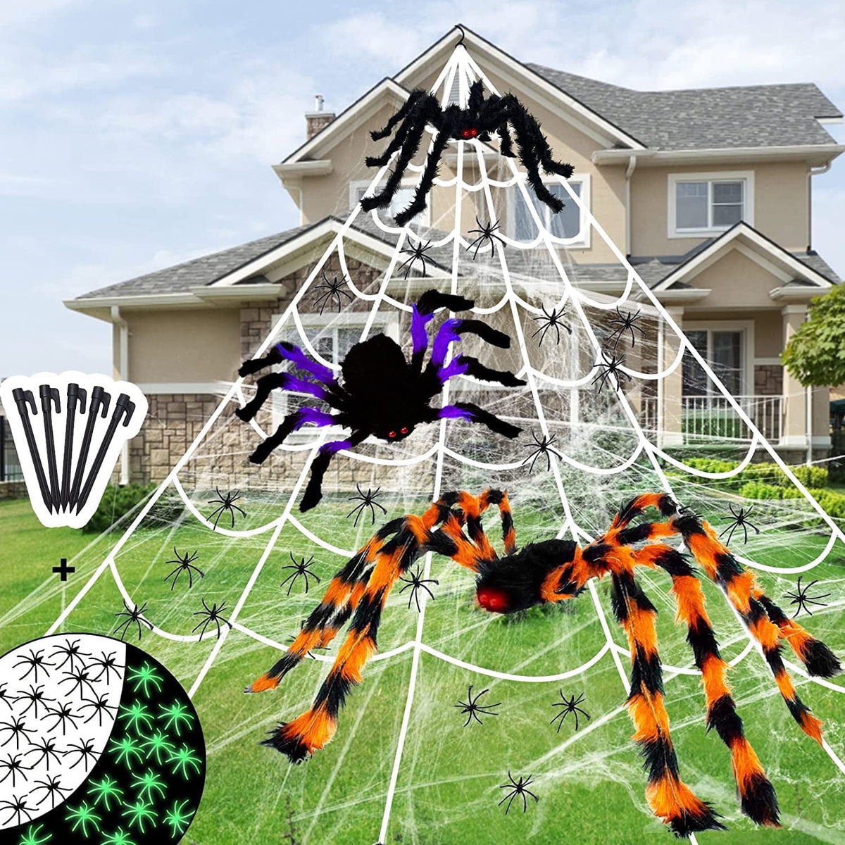 Haunt & Co JoyX Giant Halloween Spider Web Decoration Set, 23 ft Huge Web with 50" Large Spider, LED Light, and Glow in The Dark Spiders