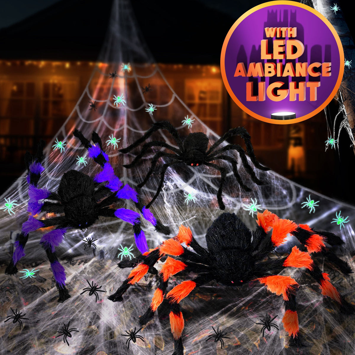 Haunt & Co JoyX Giant Halloween Spider Web Decoration Set, 23 ft Huge Web with 50" Large Spider, LED Light, and Glow in The Dark Spiders