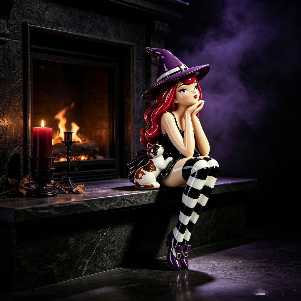 Haunt & Co Halloween Witch Shelf Sitter Figurine Set,3 Pc Gothic Witch Girl Statue With Cat Companion,Witchy Home Decor,Cute Spooky Edge Sitting Witch Decor,Whimsical Tabletop Ornament For Mantel Shelf Office