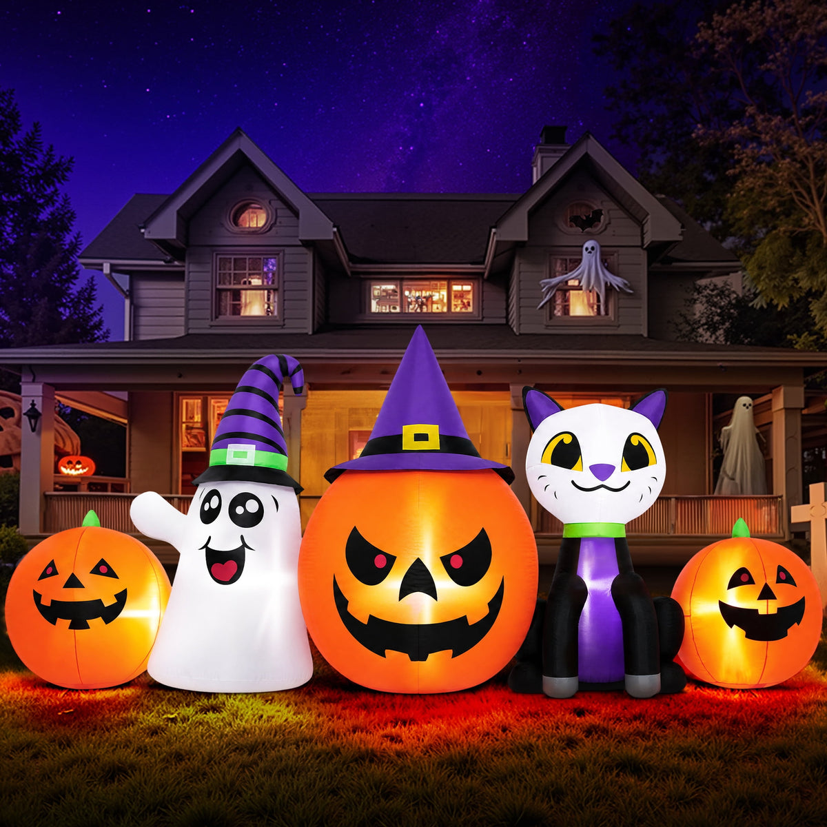 Haunt & Co (2 pack) 8FT Halloween Inflatable Pumpkins Ghost Cat with Lights,Blow ups Outdoor Decorations