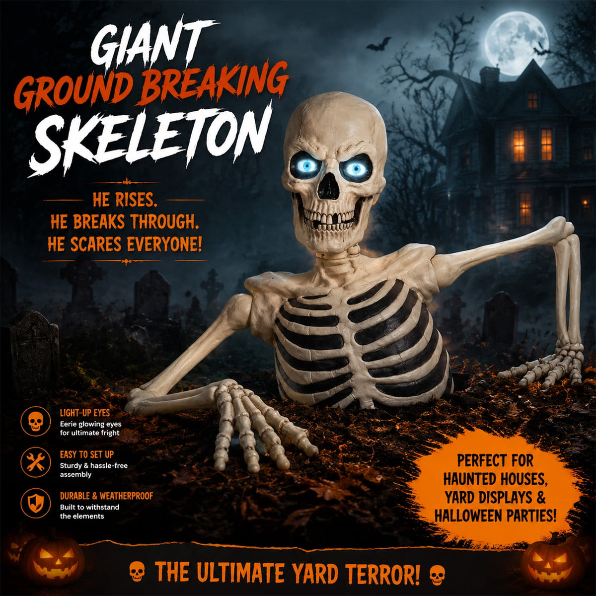 Haunt & Co Clearance Halloween Decorations Skeletons, Giant Ground Breaking Skeleton with LCD Eyes, Spooky Haunted Home Halloween Decorations Outdoor for Yard, Patio & Front Porch