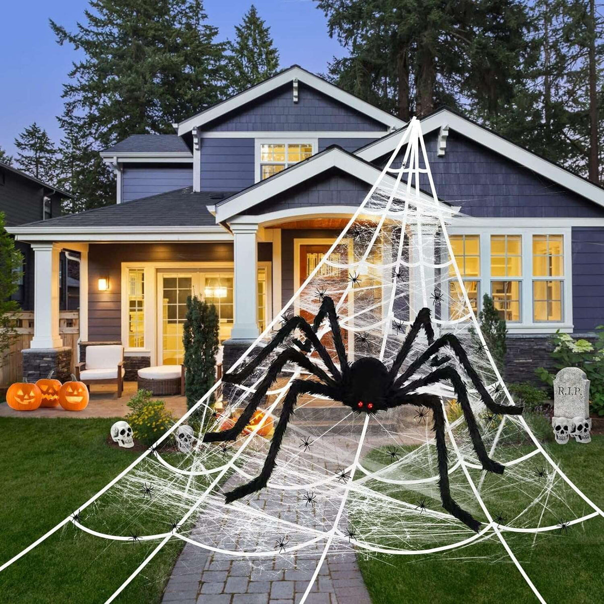 Haunt & Co Coolmade Halloween Giant Spider Web Lights Decorations Outdoor, 16.4ft 250 LED Lighted Spider Web Light up with 8 Modes with 59" Giant Spider