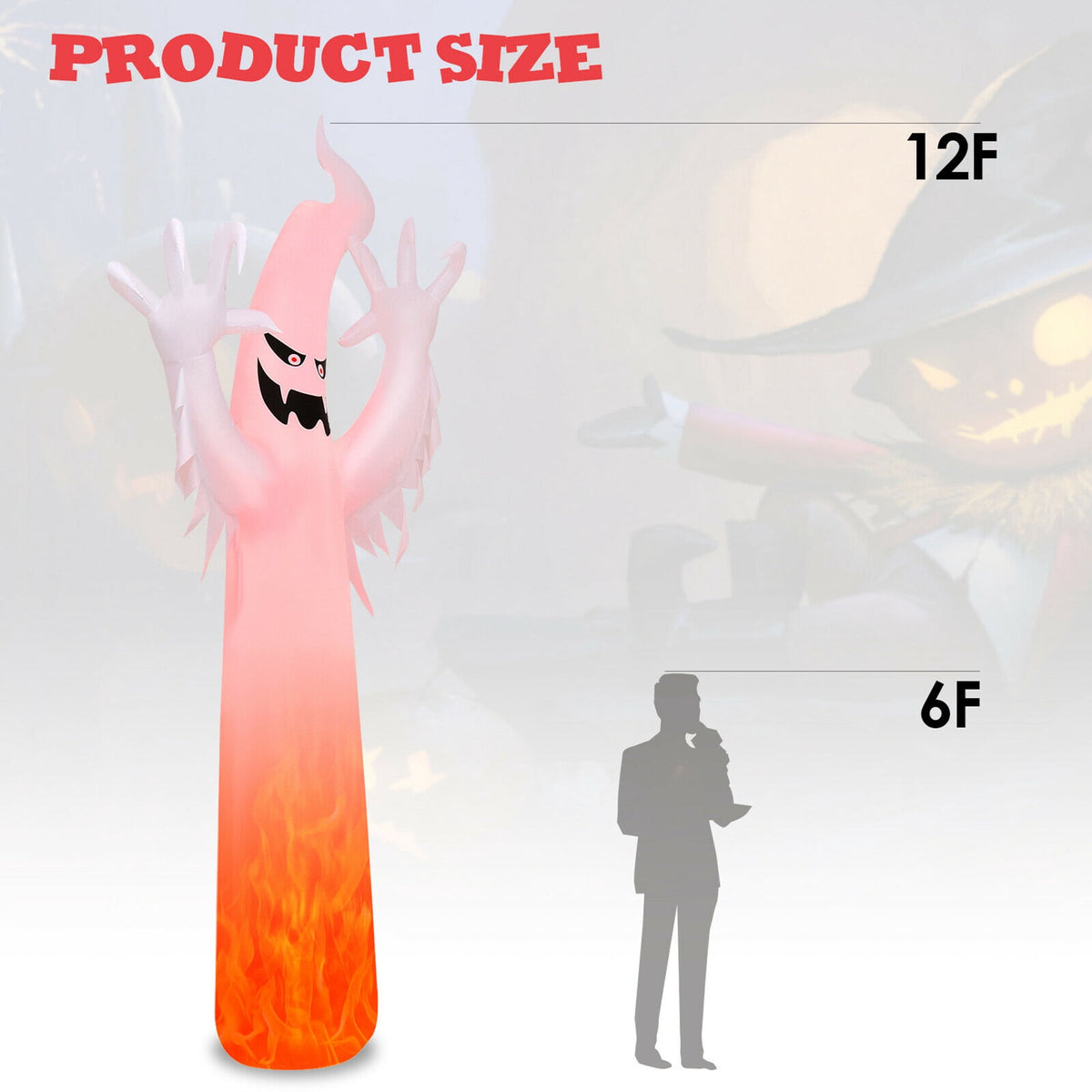 Haunt & Co Gymax 12ft Inflatable Halloween Ghost Blow Up Decoration w/ Built-in Flame Light