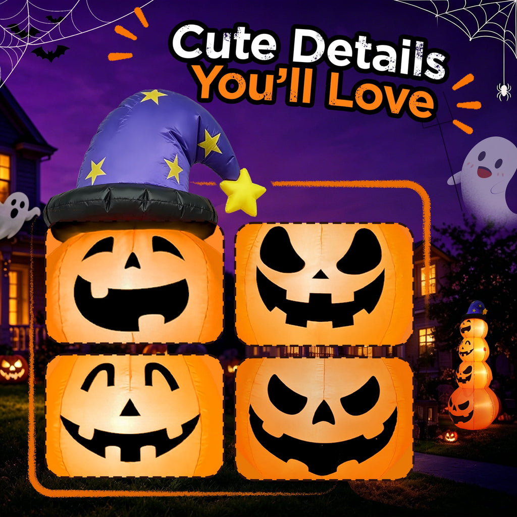Haunt & Co 8ft Halloween Inflatable, Stacked Pumpkins with Witch Hat and Built-in LED Lights, Outdoor