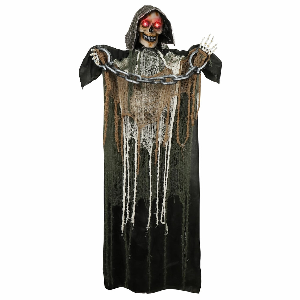 Haunt & Co 67" Standing Grim Reaper with Chain, Large Outdoor, Life Size Animatronics Skelton, Sound-Actived Party Decor with Creepy Sound & LED Eyes, Scary Haunted House Props