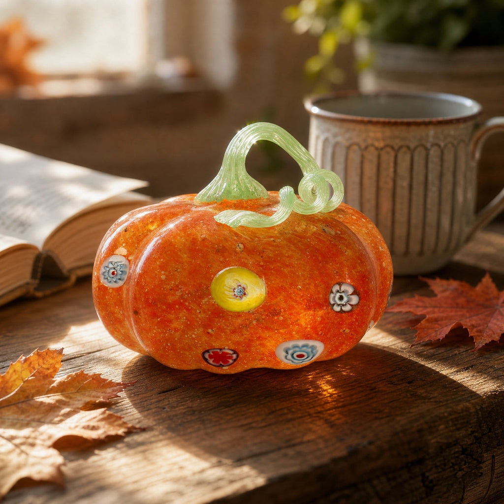 Haunt & Co Glass Pumpkin Ornament, Swirl Art Glass Figurine Fall Thanksgiving Halloween Tabletop Home Decor, Stripe Pumpkin Statue Orange