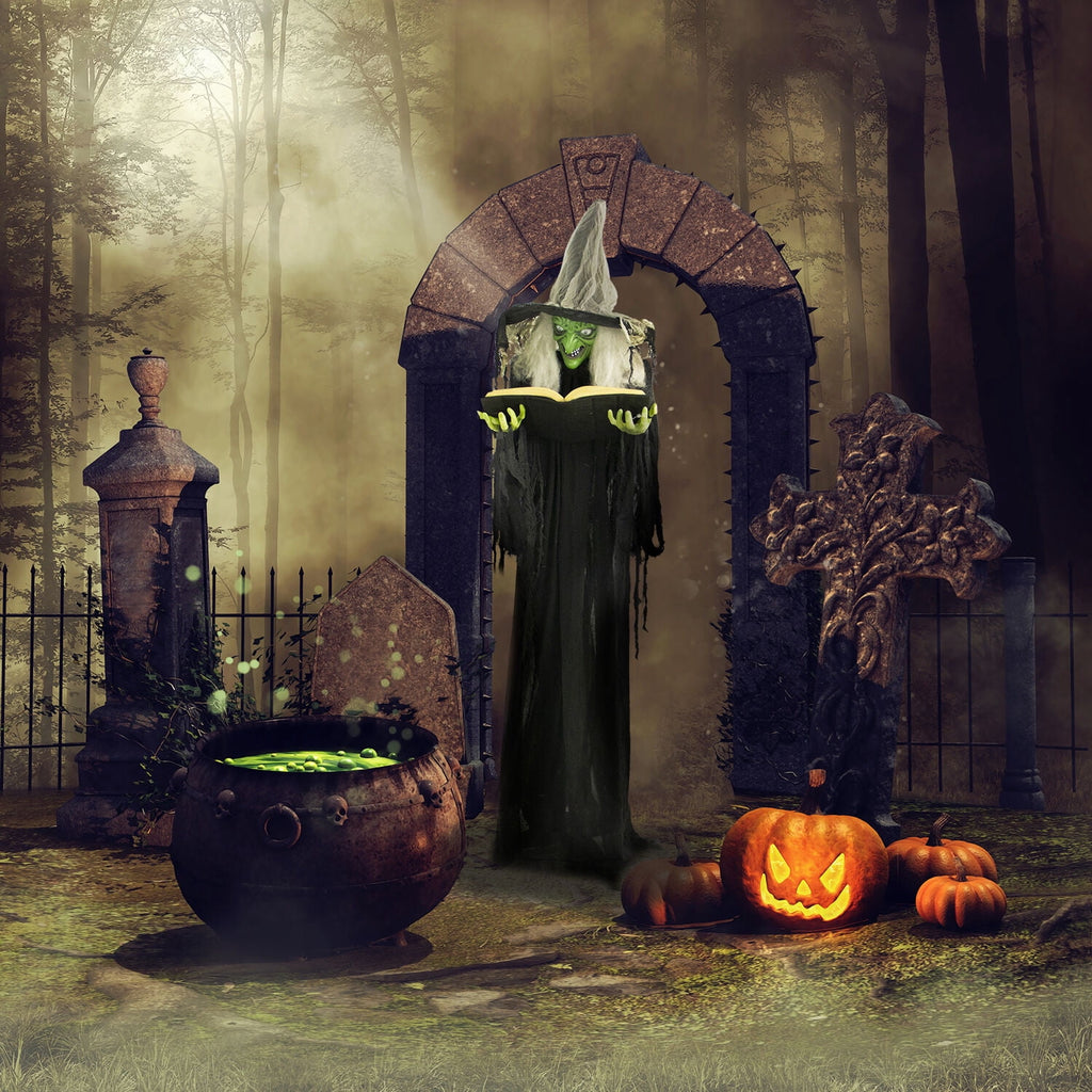 Haunt & Co 5.5 ft Poseable Witch with Spell Book, Lights and Sound, Indoor/Covered Outdoor