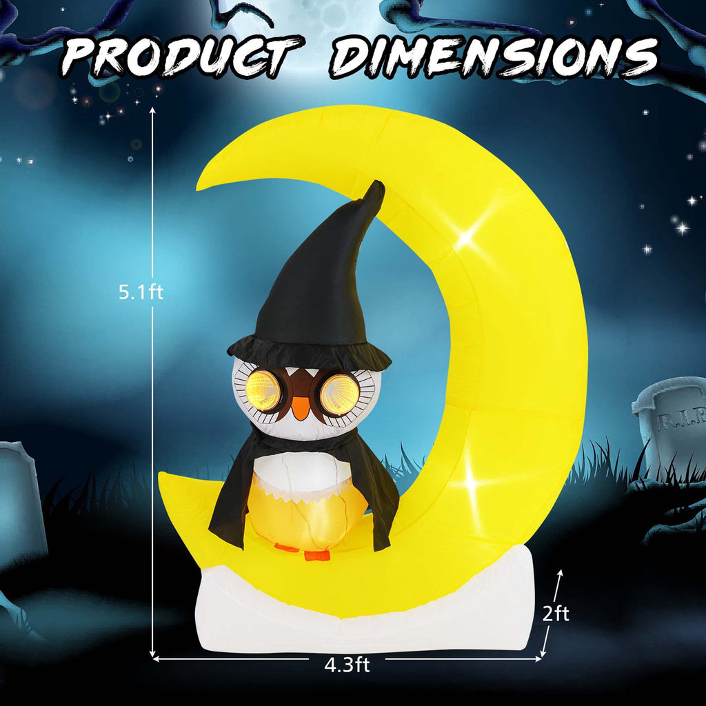 Haunt & Co Costway 4.3 x 5.1 ft Inflatable Owl on Moon LED Lighted w/ Large Moon & Wizard Owl w/ Stakes & Sandbags