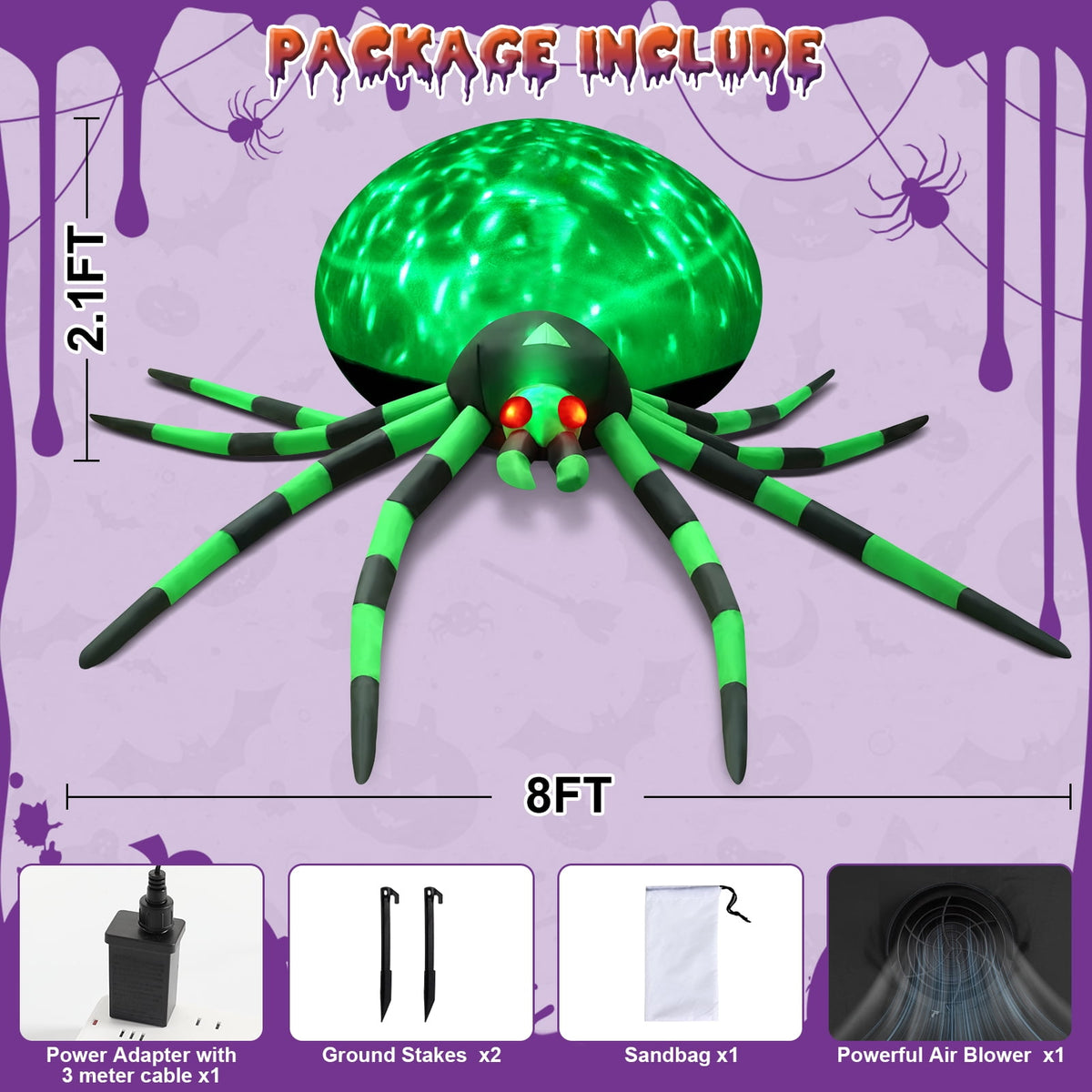 Haunt & Co 8FT Halloween Inflatables Outdoor Decorations Giant Spider Decorations with LED Lights and Air Pump Blow up Inflatable Green