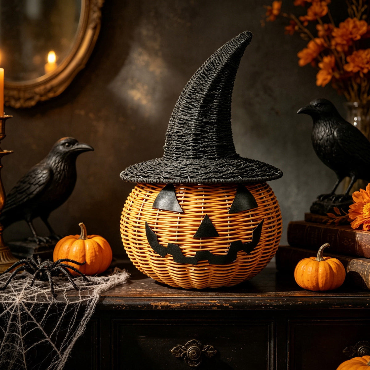 Haunt & Co Hand-Woven Pumpkin Witch Hat Halloween Decor, Natural Textured Freestanding Ornament, Weather Resistant Multipurpose Holiday Accessory, Seasonal Display for Front Door Porch Tabletop Entryway