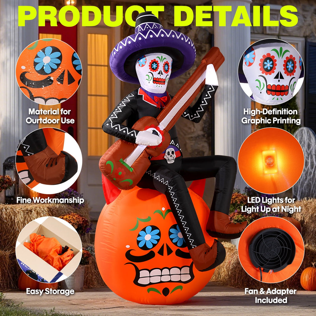 Haunt & Co 6FT Halloween Inflatable Outdoor Decoration, Day of the Dead Skull with Guitar