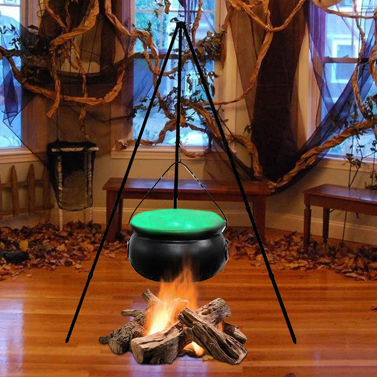 Haunt & Co SDJMa Outdoor, 7.8" Witch Cauldron on 30.7" Tripod with Timer String Lights, Halloween Haunted House Decor
