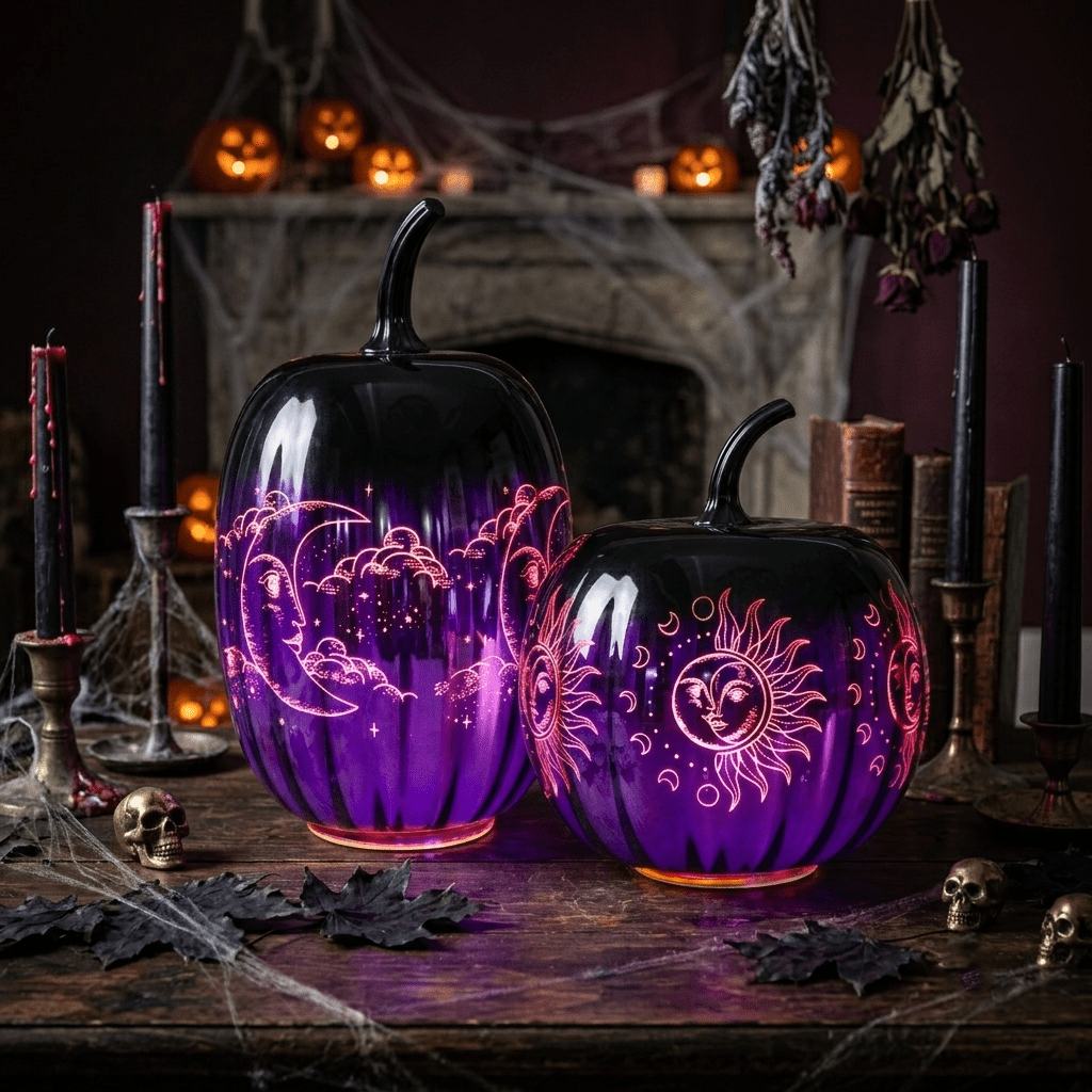 Haunt & Co 2pcs Fall Halloween Pumpkin-Purple Glass Pumpkin Ornament with Enchanted Moon & Star Pattern and Built - in Fairy Lights for Decor