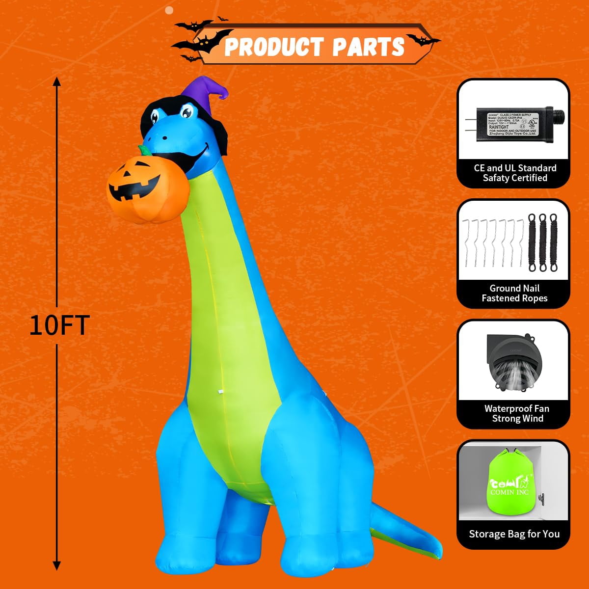 Haunt & Co COMIN Halloween Inflatables 10 FT Tall Dinosaurs Eating Pumpkin Blow Up Yard Decoration with Built-in LED