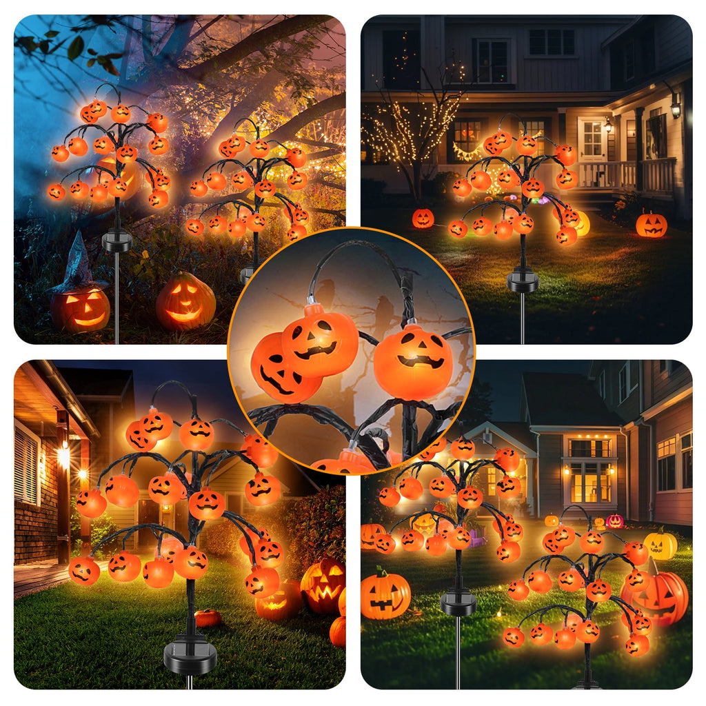Haunt & Co 2 packs 40 LEDs Solar Halloween Pumpkin Stake Lights, 2 Modes Outdoor Waterproof , Solar Halloween Lights Stakes