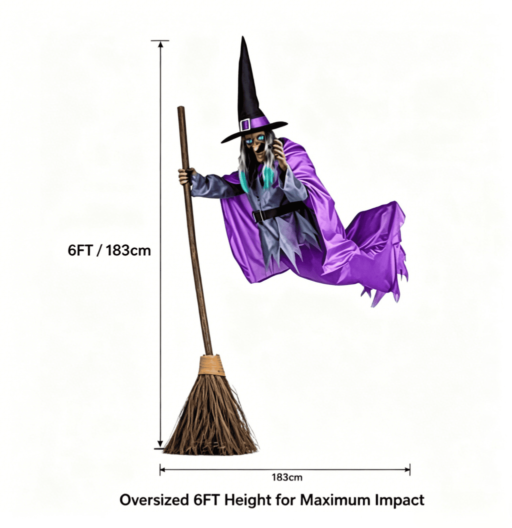 Haunt & Co Witch Decorations Halloween 6 FT Scary Flying Witch Decorations Animatronics Halloween Props with Scary Sounds and Lights Decorations for Outside Indoor Garden Yard