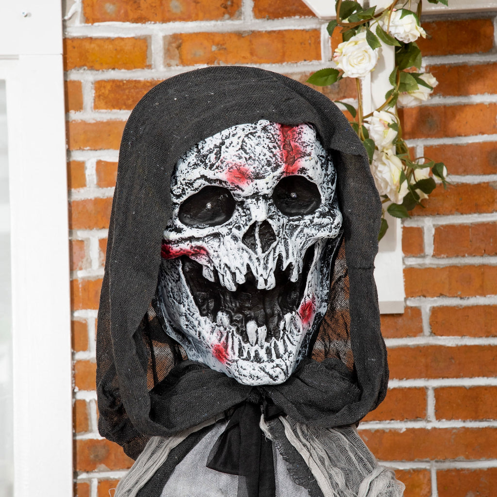 Haunt & Co Outsunny 74" Life Size Outdoor Skeleton Witch, Animated Prop Animatronic Decor with Sound and Motion Activated, Light Up Eyes and Chest, Howling and Chain Sound