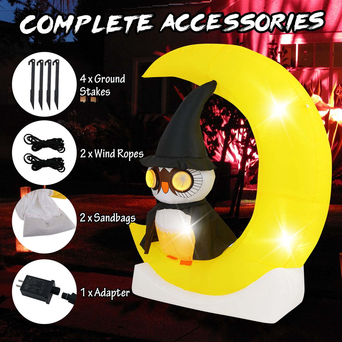 Haunt & Co Costway 4.3 x 5.1 ft Inflatable Owl on Moon LED Lighted w/ Large Moon & Wizard Owl w/ Stakes & Sandbags