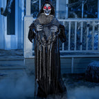 Haunt & Co 67" Standing Grim Reaper with Chain, Large Outdoor, Life Size Animatronics Skelton, Sound-Actived Party Decor with Creepy Sound & LED Eyes, Scary Haunted House Props