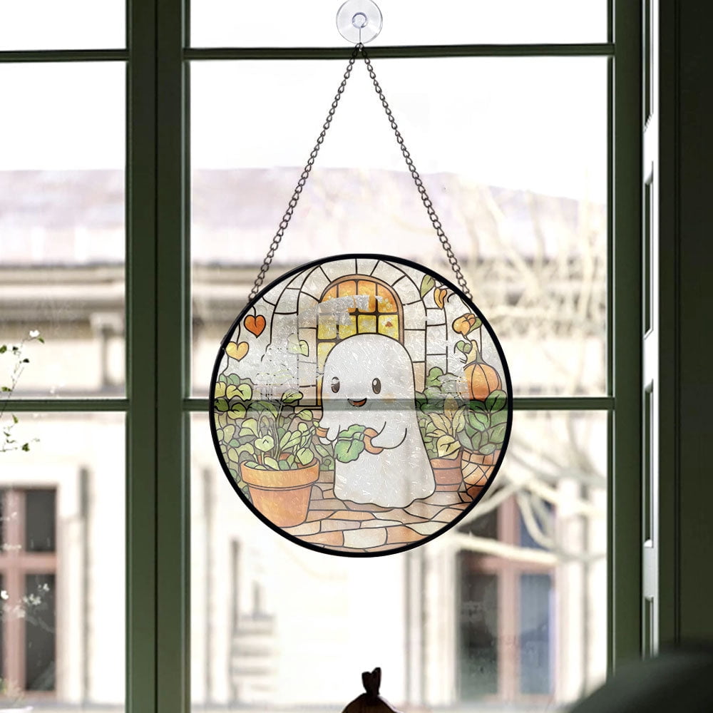 Haunt & Co Inspirational Christmas Gift - Cute Ghost Reading Book Halloween Ghost Fall Hosting Stained Glass Hanging Ornament - Sparkling Christmas Tree Decoration, Holiday Gift for Family & Friends