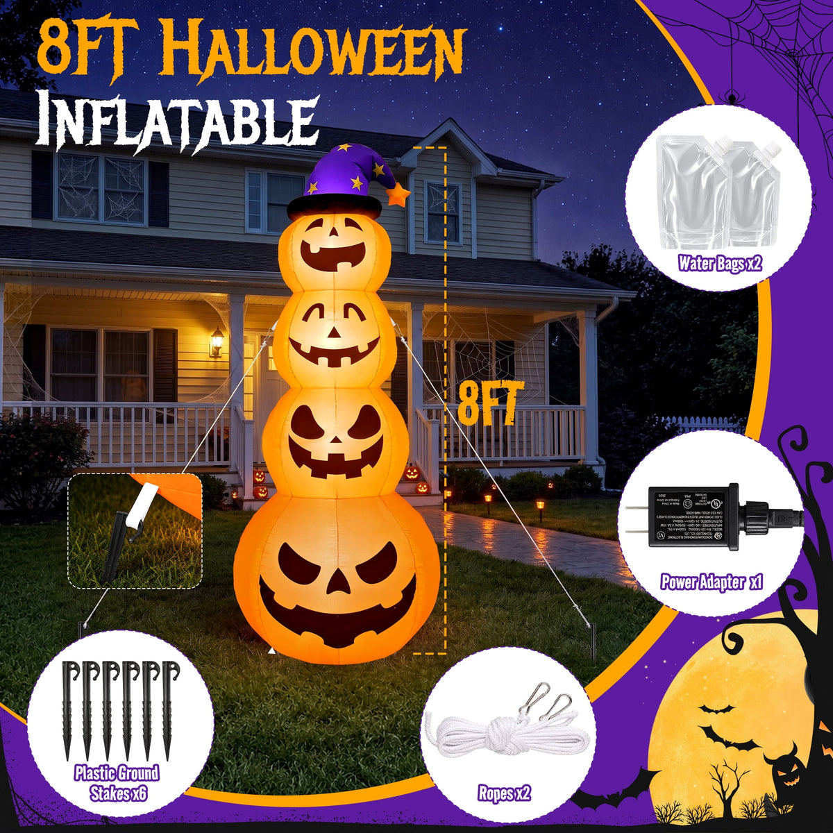 Haunt & Co 8 ft Halloween Pumpkin Stack Inflatable Decoration with Witch Hat, Lighted