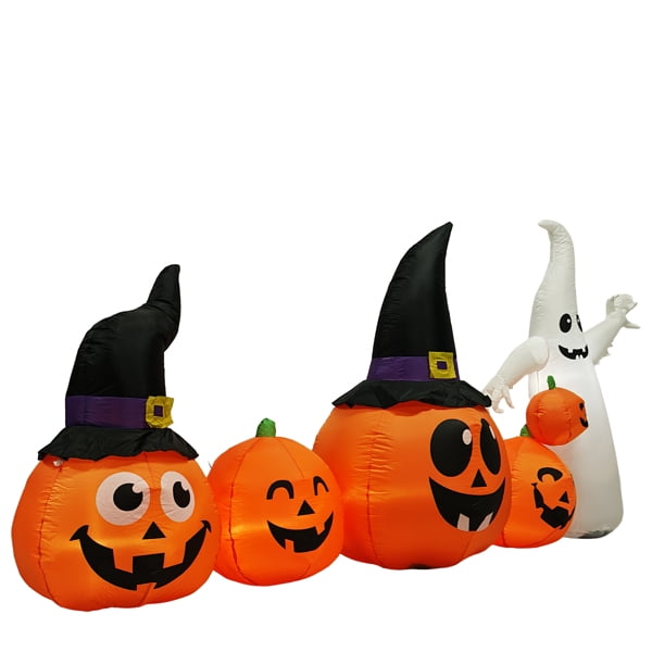 Haunt & Co 8FT Halloween Inflatable Pumpkin Ghost Scene, 5 Total LEDs, Waterproof Polyester, Quick Inflation with Stakes/Ropes