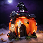Haunt & Co Luminous Resin Witch Pumpkin House Figurine, Intricate Details Stable Resin Warm Built In Lighting, Festive Desktop Ornament, Craft for Living Room Porch Halloween Party Space