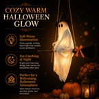 Haunt & Co LIGHTED HANGING GHOST WITCH Floating White Ghost With Black Witch Hat Rustic Broom And Orange Bow Warm Glow
