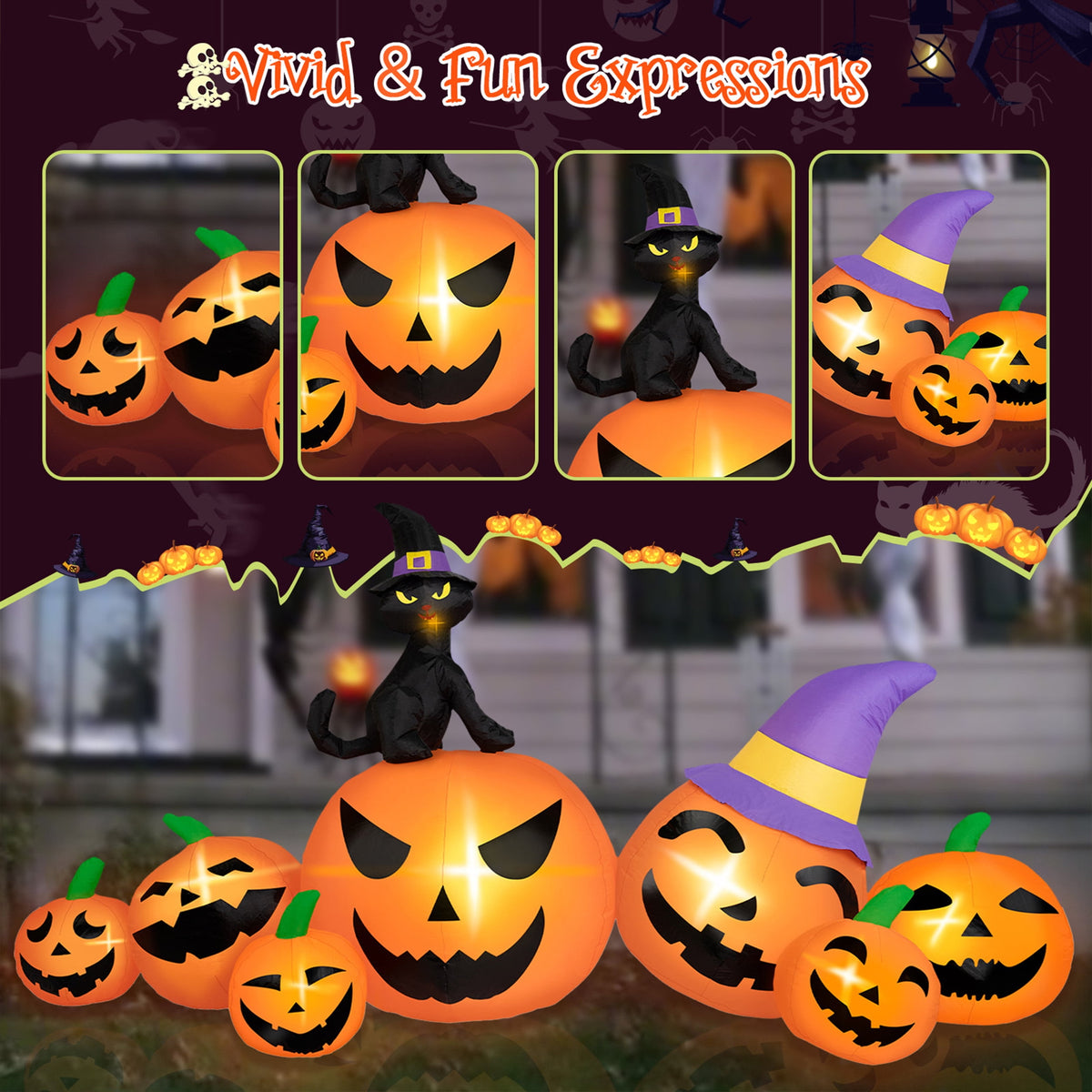 Haunt & Co B&D 8FT Long Halloween Inflatables Pumpkin, Blow Up Pumpkins Inflatables with Witch Hat & Black Cat Built-in LED Lights